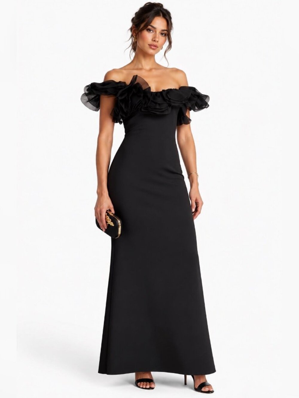 Badgley Mischka Off-Shoulder Ruffle Evening Gown Black — Size 4